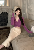 Stylish Long - Sleeve Taupe Top Paired with Cream Midi Skirt