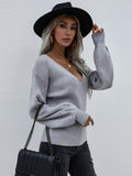 STYLISH CROSS V-NECK SOLID COLOR PULLOVER LOOSE SWEATER