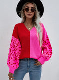 STYLISH LOOSE V-NECK SPLICING LEOPARD PRINT PULLOVER SWEATER