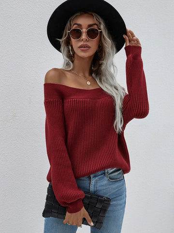 FASHION LARGE SIZE LOOSE KNIT SOLID COLOR PULLOVER SWEATER