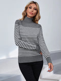 CLASSY HIGH NECK STRIPED PULLOVER SWEATER
