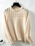 Hollow Pullover Solid Color Round Neck Sweater