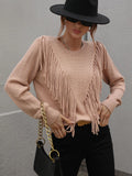 FASHION LOOSE SOLID COLOR FRINGED PULLOVER SWEATER