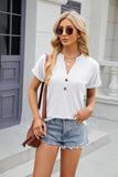 SOLID COLOR V-NECK BUTTON SHORT SLEEVE T-SHIRT