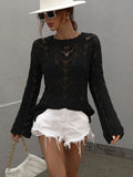 FASHION CROCHETED HOLLOW PULLOVER ROUND NECK LOOSE SWEATER