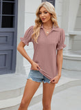 SOLID COLOR LAPEL SHORT SLEEVE PLEATED LOOSE T-SHIRT