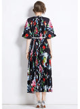 RETRO BEADED PRINTED PLEATED DRESS