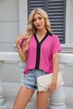V-NECK CONTRAST SHORT SLEEVE LOOSE T-SHIRT