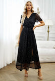 V-NECK SPLIT SHORT SLEEVE LONG DRESS