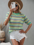 FASHION SPLICED HOLLOW LOOSE ROUND NECK STRIPED SWEATER