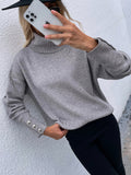 CLASSY SOLID COLOR HIGH NECK BUTTON SWEATER