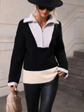 CLASSY PULLOVER COLOR MATCHING LONG SLEEVE ZIPPER SWEATER