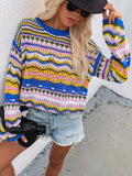 CLASSY LOOSE-FITTING COLOR ROUND NECK STRIPED SWEATER
