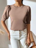 FASHION KNIT PLEATED SHORT SLEEVE SOLID COLOR SWEATER