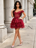 Burgundy Off The Shoulder Layers A Line Tulle Homecoming Dress