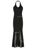 Fitted Sheer Lace Black Halter Maxi Dress