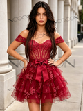 Burgundy Off The Shoulder Layers A Line Tulle Homecoming Dress