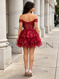 Burgundy Off The Shoulder Layers A Line Tulle Homecoming Dress