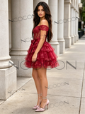 Burgundy Off The Shoulder Layers A Line Tulle Homecoming Dress