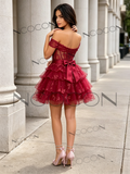 Burgundy Off The Shoulder Layers A Line Tulle Homecoming Dress