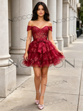 Burgundy Off The Shoulder Layers A Line Tulle Homecoming Dress