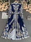 LANTERN SLEEVES V-NECK PRINTED DRESS