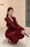 Stylish Long - Sleeve Midi Dress in Wine - colored Velvet