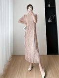 Pink  Crew Neck Short Sleeve Maxi Fringe Dress