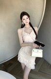 Elegant Tiered Chiffon Halter Dress in Soft Beige Shade