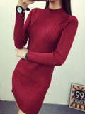 Caramel Ribbed Turtle Neck Sleek Silhouette Dress