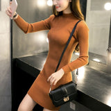 Caramel Ribbed Turtle Neck Sleek Silhouette Dress