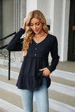 SOLID COLOR V-NECK BUTTON LOOSE LONG SLEEVE T-SHIRT