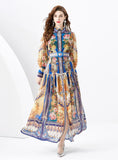 Palace Lapel Lantern Sleeve Long Retro Print Dress