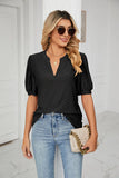 CASUAL V-NECK HOLLOW BUBBLE SLEEVE LOOSE T-SHIRT