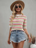 FASHION SPLICED HOLLOW LOOSE ROUND NECK STRIPED SWEATER