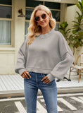 FASHION LOOSE SHORT PULLOVER LONG SLEEVE ROUND NECK SWEATER