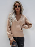 STYLISH CROSS V-NECK SOLID COLOR PULLOVER LOOSE SWEATER