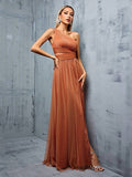 One Shoulder Navy Tulle A Line Prom Dress With Slit