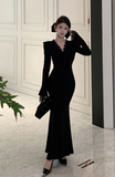 Elegant Long - Sleeve Black Mermaid Dress with Ruffles