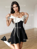 Ribbon Bow Black White Off-Shoulder Dress