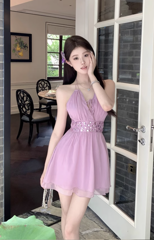 Charming Lilac Halter Mini Dress with Embellished Waist