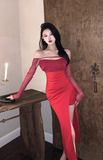 Elegant Red Off - Shoulder Gown with Sheer Long Sleeves