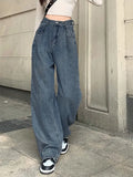 Blue Adjustable Buckle Waist Straight Pockets Jeans