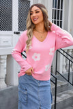 V-neck Long Sleeve Flower Sweater