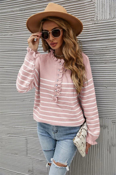 STYLISH BUTTON WOOD EAR STRIPED STITCHING SWEATER