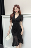 Elegant Red Ruched Midi Dress with V - Neck Design