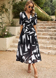 SILM WAIST V-NECK PRINTED LONG DRESS