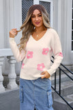 V-neck Long Sleeve Flower Sweater