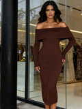 Brown Long Sleeve Elegant Knit Club Party Midi Maxi Dress