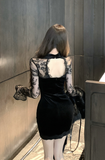 Elegant Pink Velvet Dress with Sheer Lace Yoke